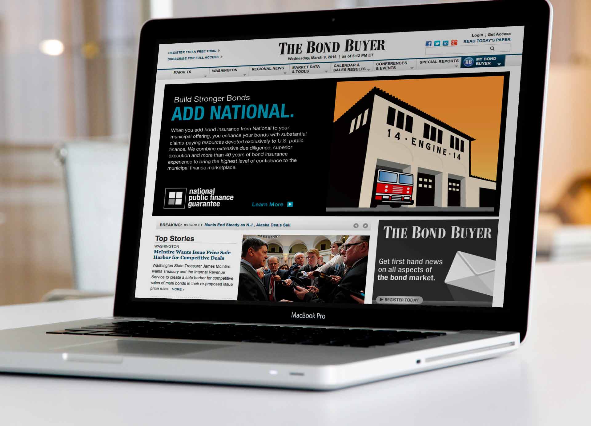 The Bond Buyer webpage on laptop