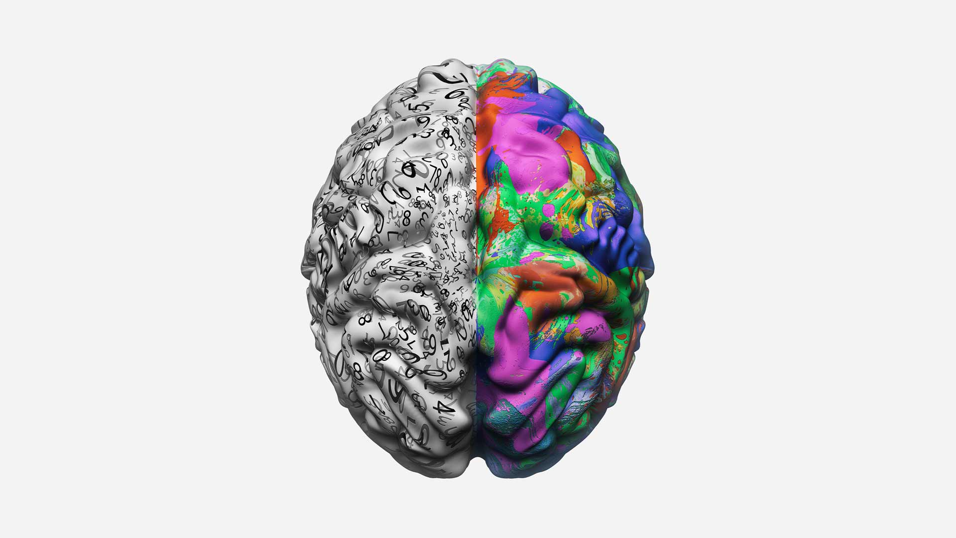 brain one half covered in numbers the other in different colors