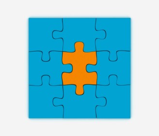blue and yellow puzzle pieces make a square