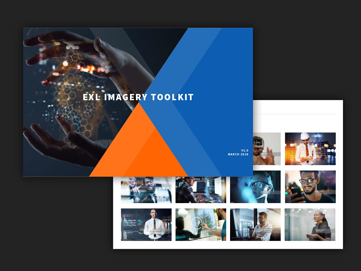 Exl imagery toolkit with hands in one image, small images of people using program