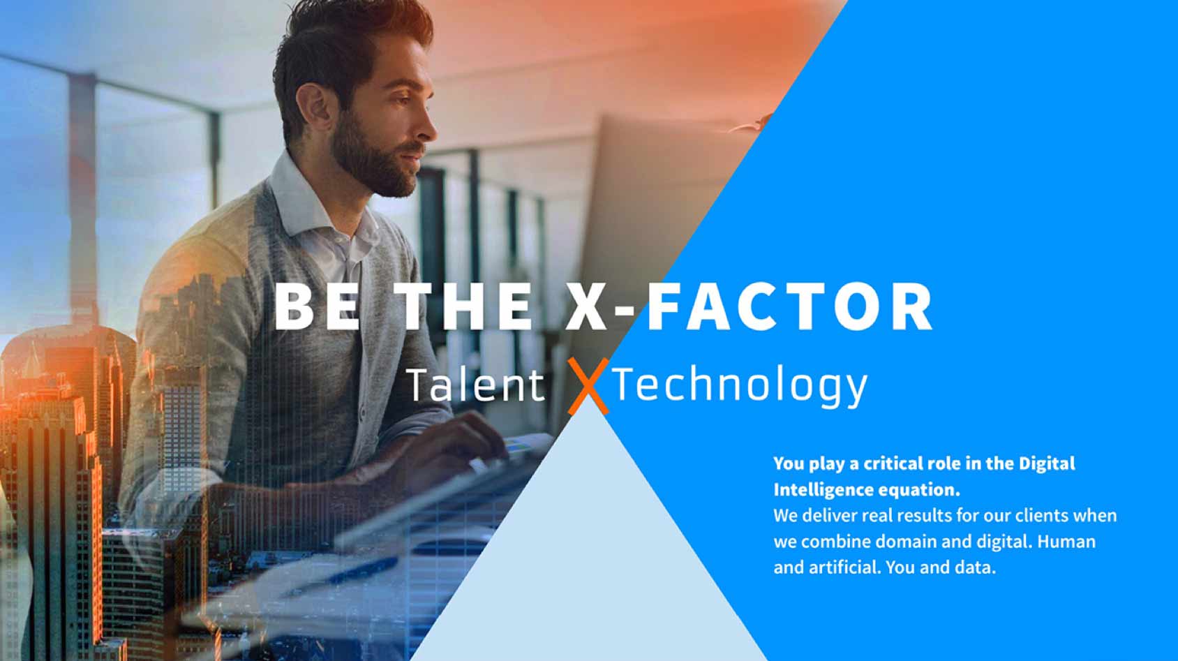 web page man sitting at computer overlaid words "be the x-factor"